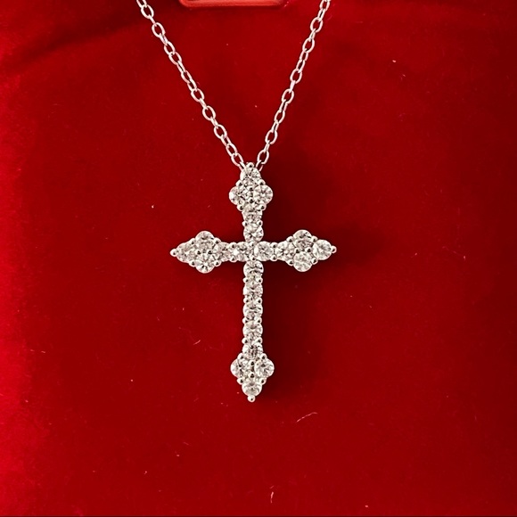 14k white gold over 925 white lab sapphires Cross necklace - Picture 14 of 16